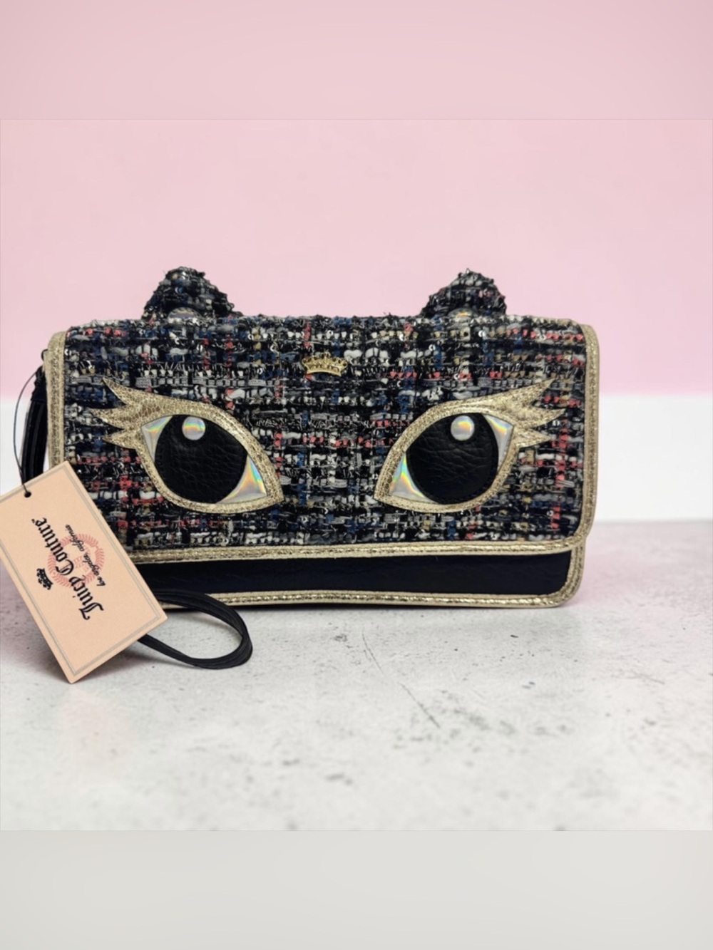 Juicy Couture Tweed Kitty Cat Clutch Sparkle Multi-Colored Wristlet/Purse NWT
